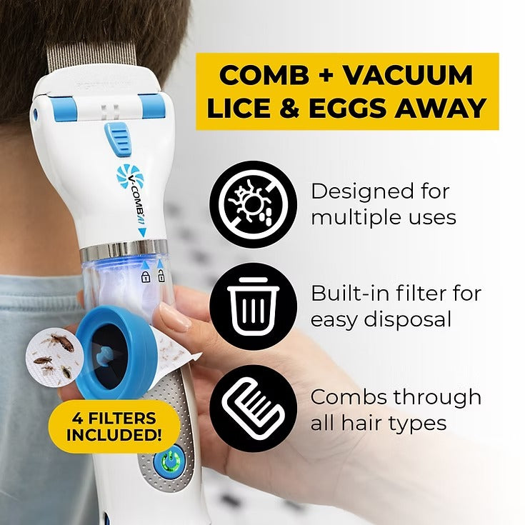 ICETEC V-COMB Electric Head Lice Remover | Chemical-Free Treatment | Vacuum & Comb System to Remove Lice and Nits for Adults & Children