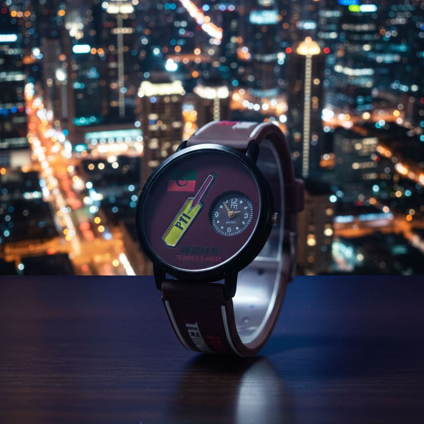 PTI (Pakistan Tehreek-e-Insaf) Themed Analog Wrist Watch: Brown Band & Dial with Bat and Flag Emblems