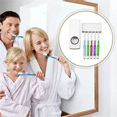 Toothpaste Dispenser With 5 Brush Holder Wall Mounted Automatic Hands Free Toothpaste Dispenser