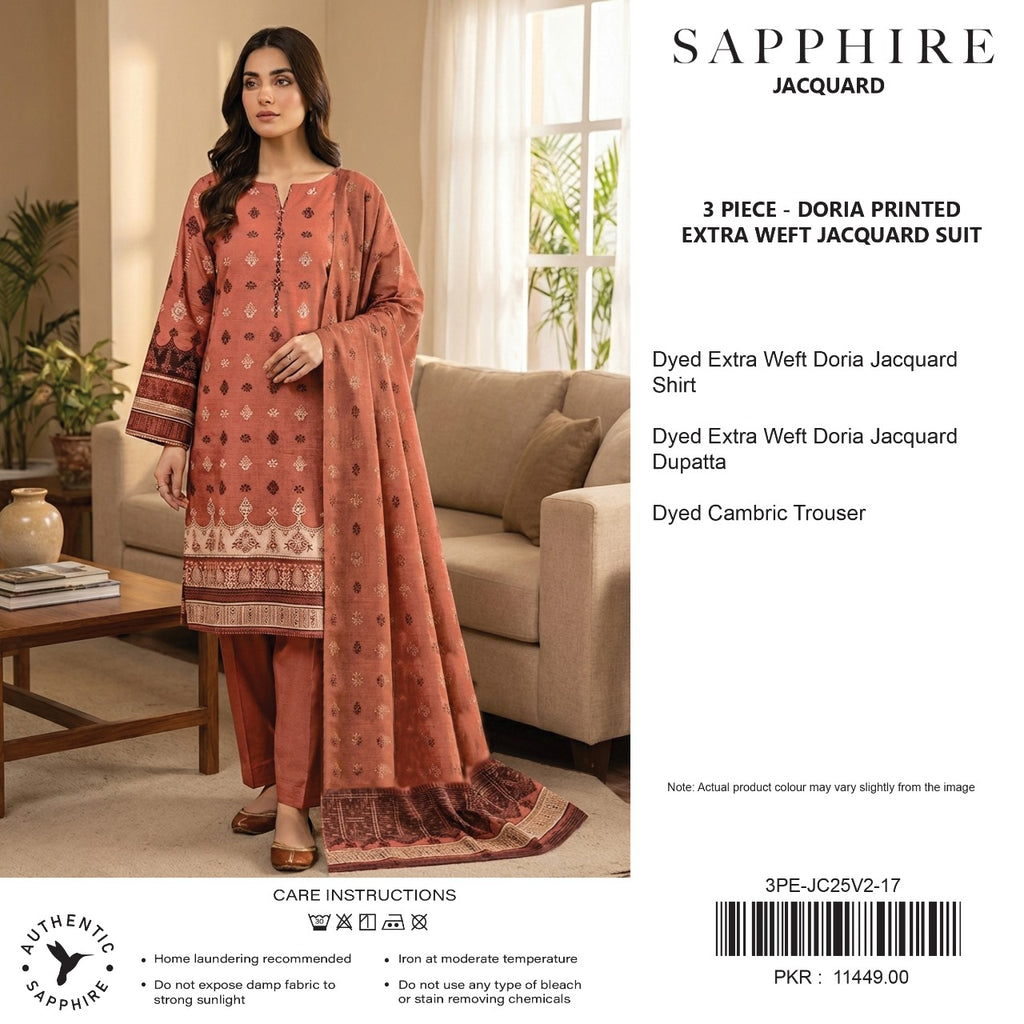 Sapphire Jacquard Vol 02 2026 3 Piece Doria Printed Extra Weft Jacquard Suit Premium Quality Elegant Design - Dark Blue