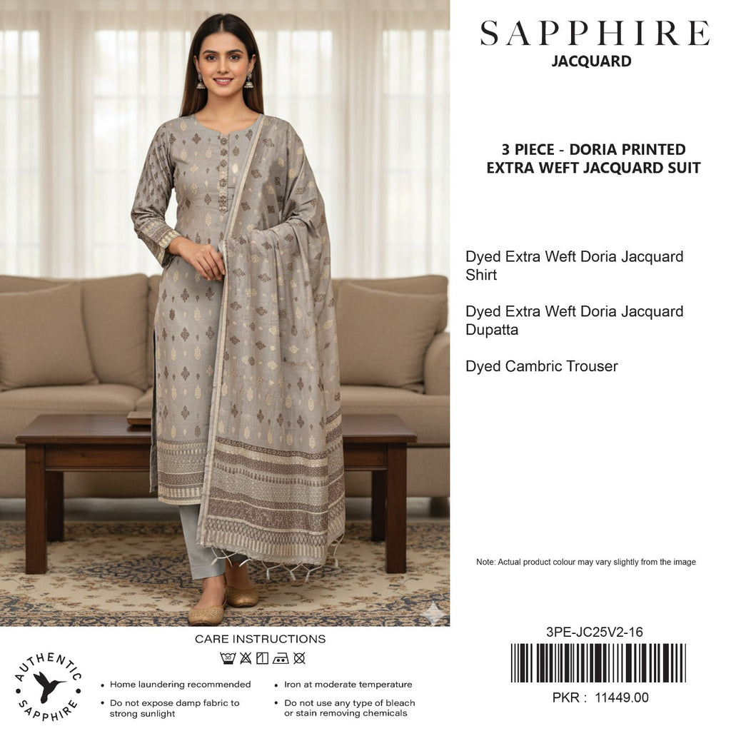 Sapphire Jacquard Vol 02 2026 3 Piece Doria Printed Extra Weft Jacquard Suit Premium Quality Elegant Design - Dark Blue