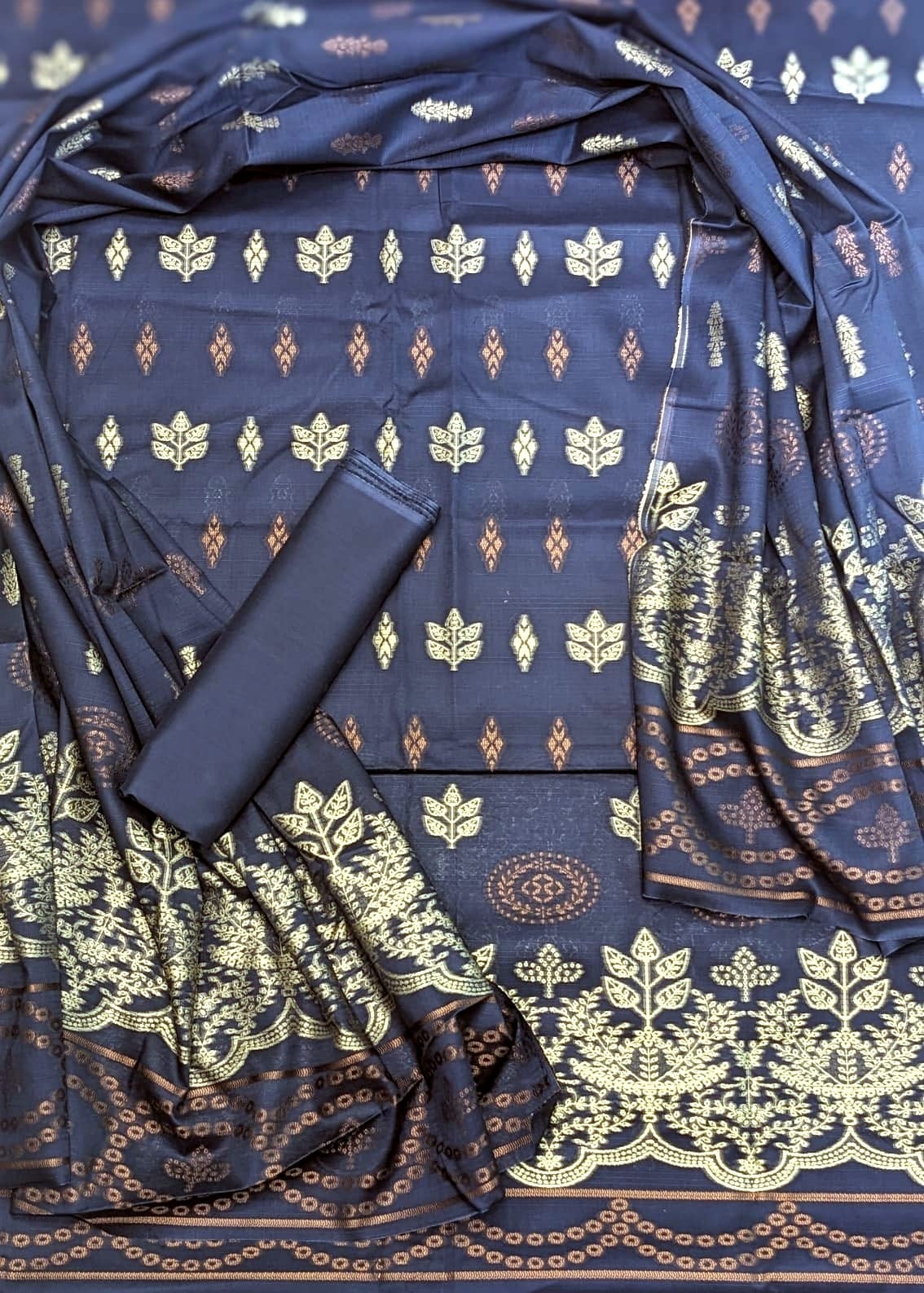 Sapphire Jacquard Vol 02 2026 3 Piece Doria Printed Extra Weft Jacquard Suit Premium Quality Elegant Design - Dark Blue