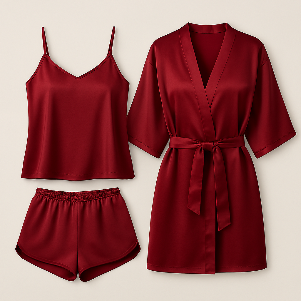 3-Piece Satin Sleepwear Set for Women – Camisole, Shorts & Robe | Elegant Nightwear & Loungewear – Free Size (DC-3003)