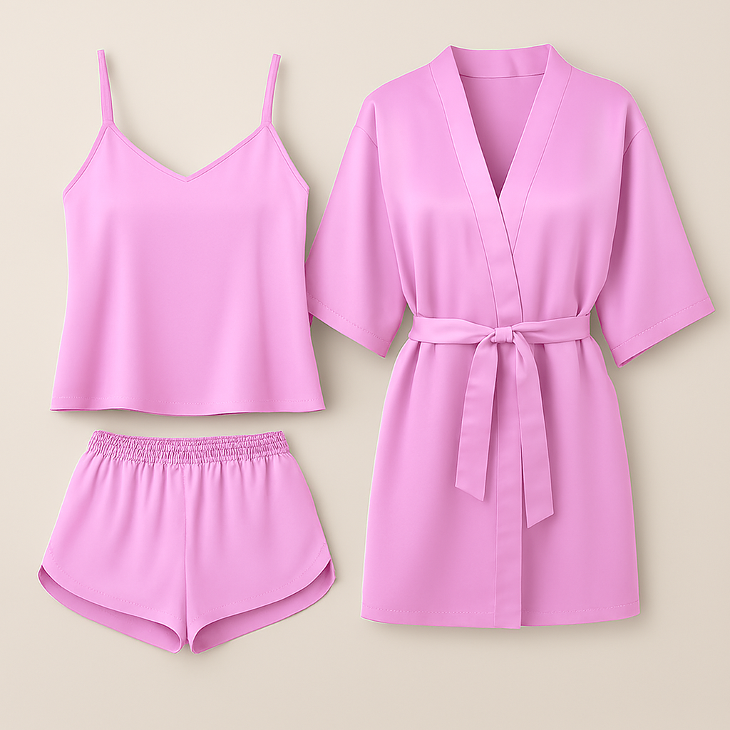 3-Piece Satin Sleepwear Set for Women – Camisole, Shorts & Robe | Elegant Nightwear & Loungewear – Free Size (DC-3003)