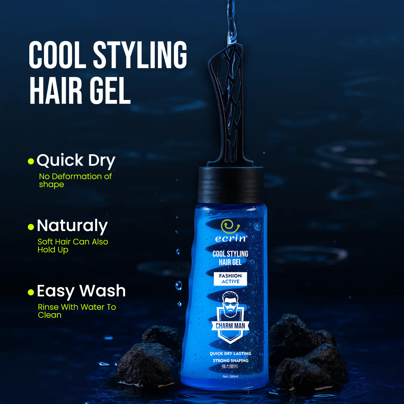 ECRIN Cool Styling Hair Gel with Active Collagen | Strong Hold, No Flakes, Nourishing Formula for All Hair Types, Daily Use Gel with Refreshing Cool Effect (280ml)
